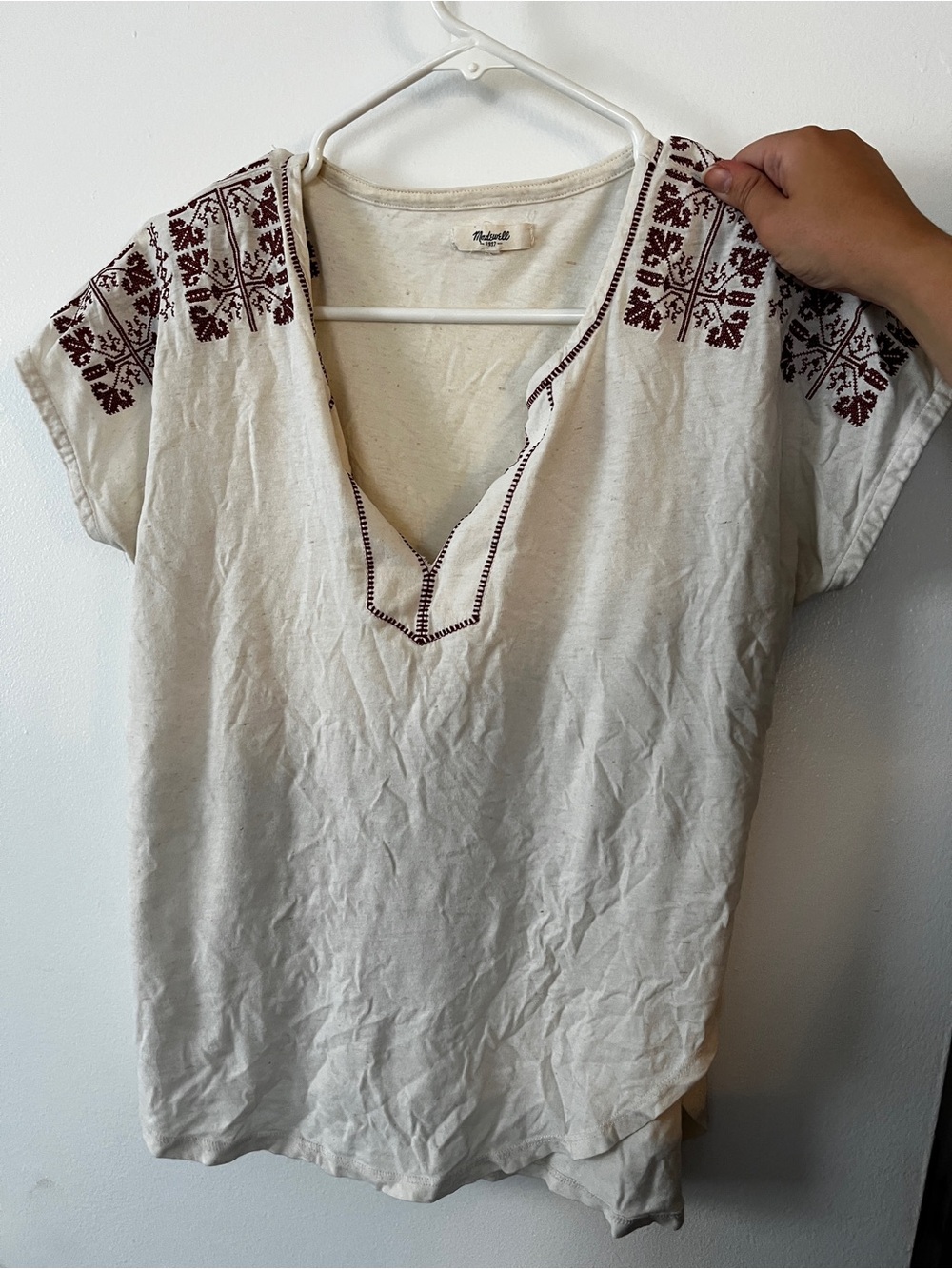 Madewell Cream Short-Sleeve V-Neck Top with Burgundy Embroidery